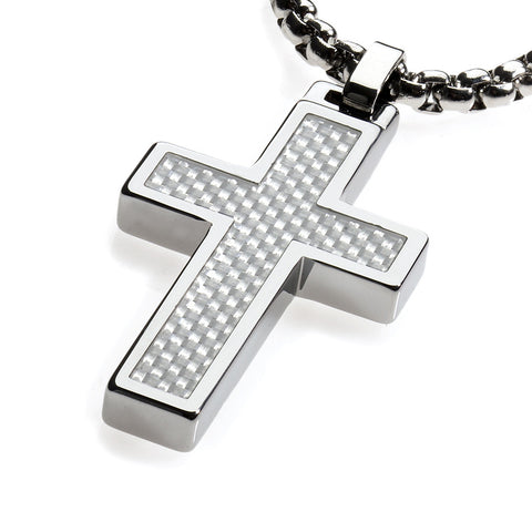 Unique Gestalt Titanium Cross Necklace with Koa Wood Inlay. 4mm Wide Surgical Stainless Steel Box Chain. 30 / Silver